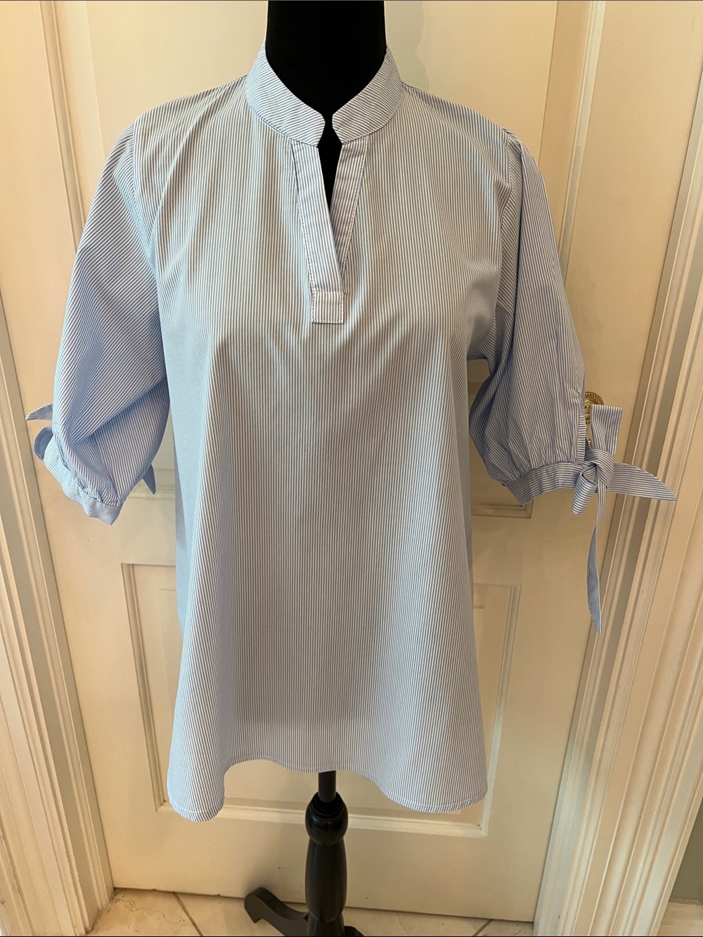 Light Blue Pinstripe Tie-Sleeve Tunic Blouse